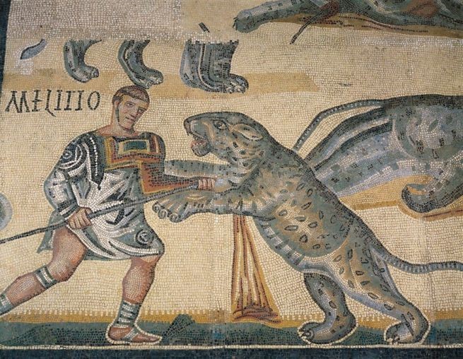 Combate entre un venator y un tigre. Tusculum (Lazio). Siglo IV d.C.