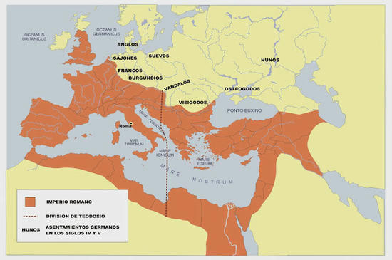 Mappa dell'Impero Romano nei secoli IV e V d.C.